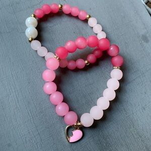 {Handmade} Pink Beaded Bracelet Set with Broken Heart Charm